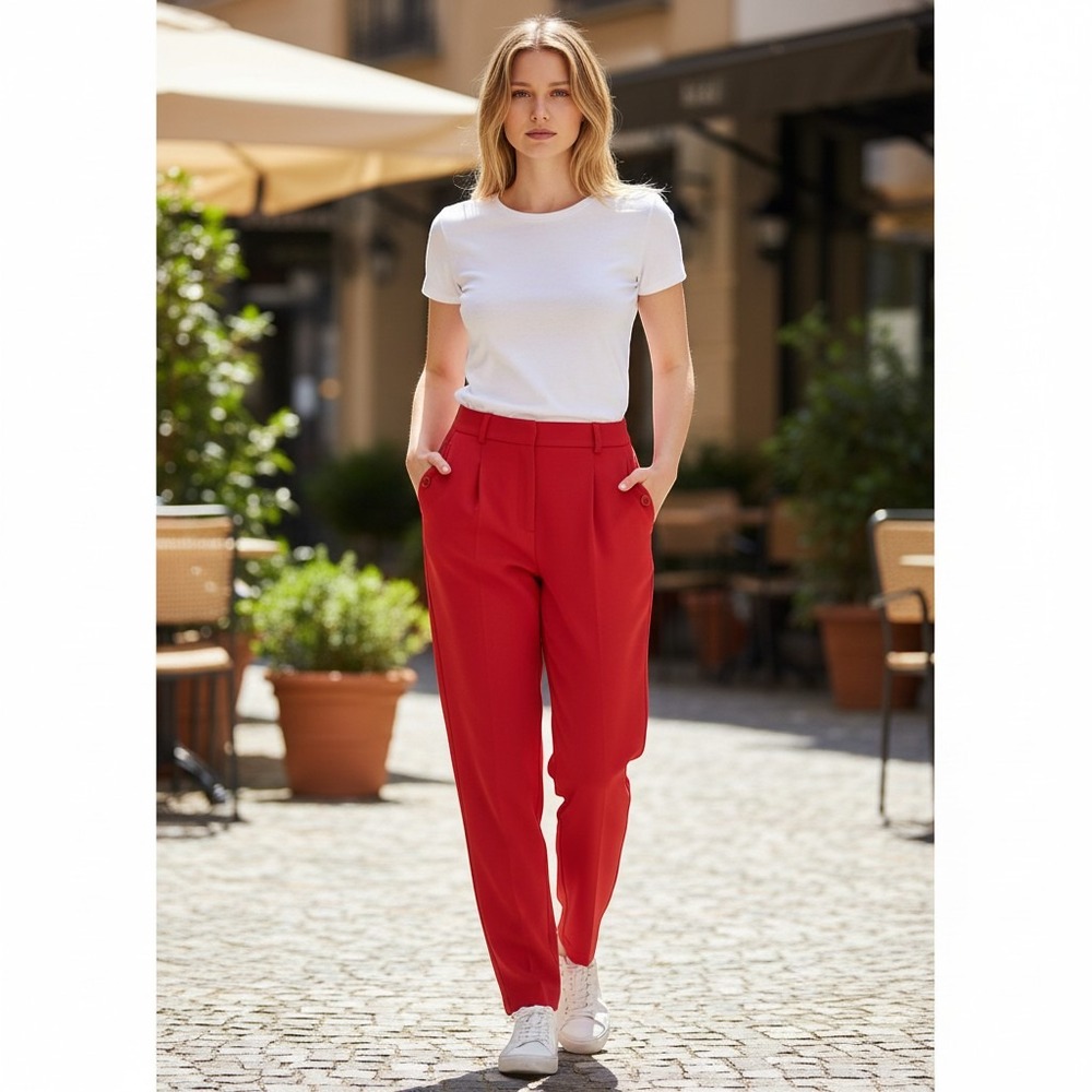 Express Womens Red Mid Rise Tailored Dress Pants Size 4R Straight Leg Trousers